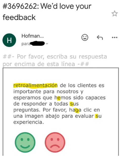 Ejemplo de inconsistencia en la comunicación al cliente mostrando errores en la experiencia cuando no se habla el mismo idioma de forma consistente